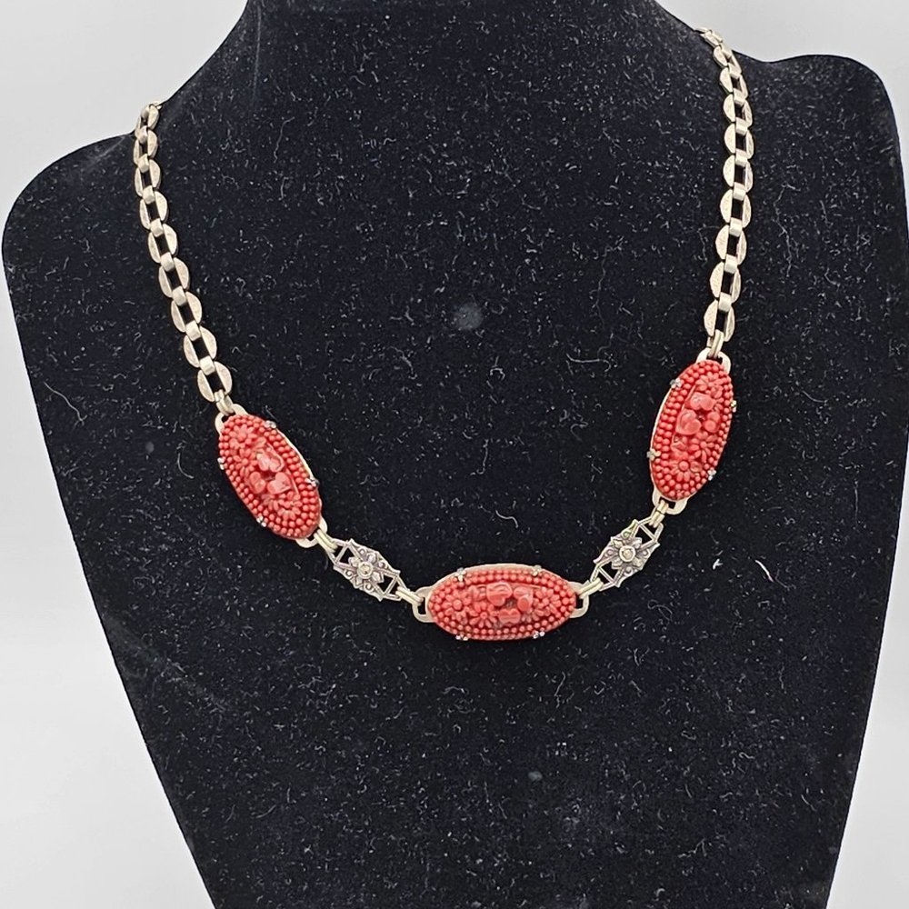 Sterling Art Deco Marcasite Carved Flower Carnelian Glass Necklace